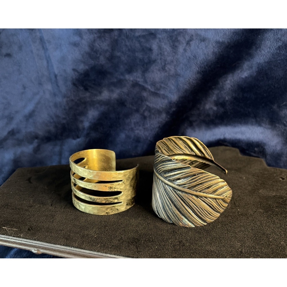 Rustic Cuff Gold Tone Multi-Band Cutout Cuff & Textured Leaf Bangle Sold As Pair - Picture 2 of 13